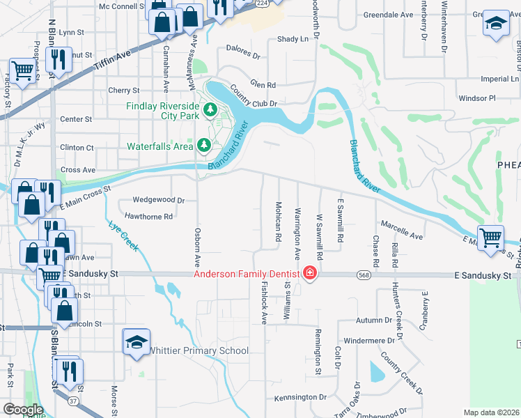 map of restaurants, bars, coffee shops, grocery stores, and more near 199 Huron Road in Findlay