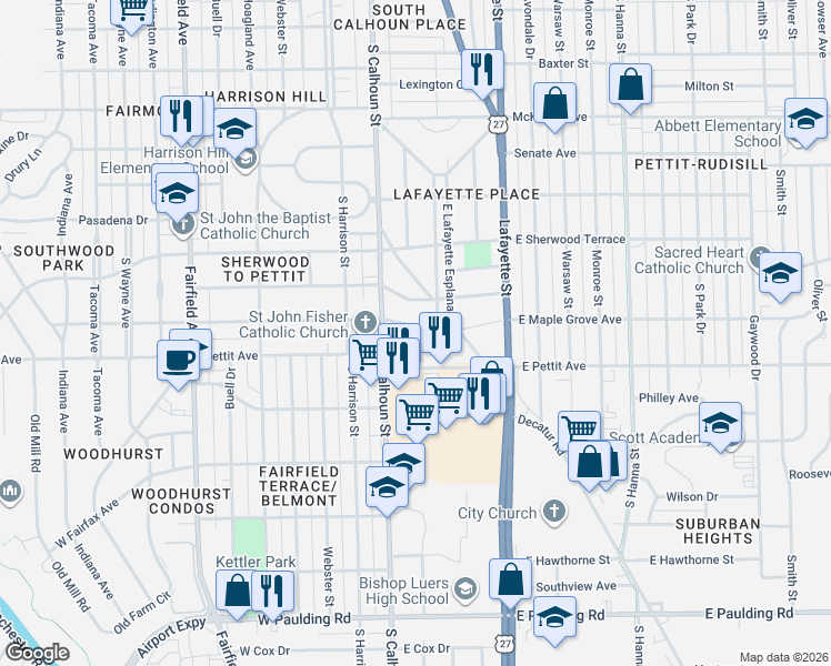 map of restaurants, bars, coffee shops, grocery stores, and more near 204 East Maple Grove Avenue in Fort Wayne