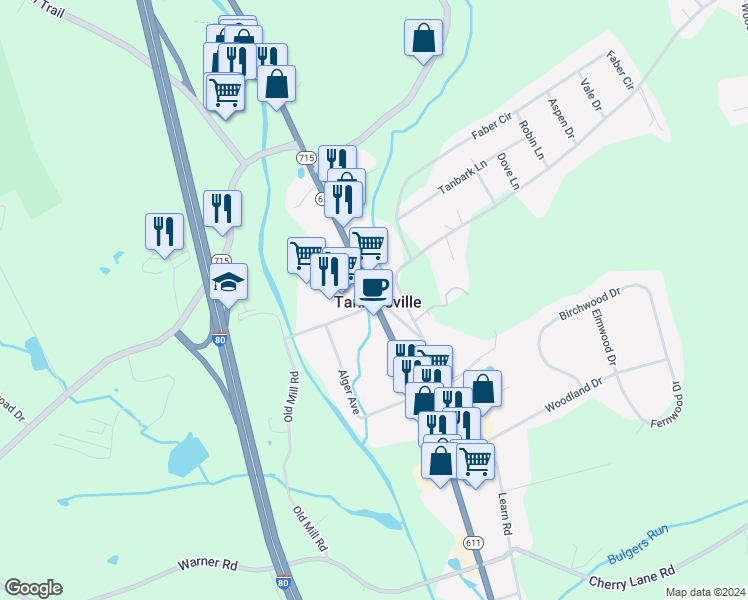 map of restaurants, bars, coffee shops, grocery stores, and more near in Tannersville