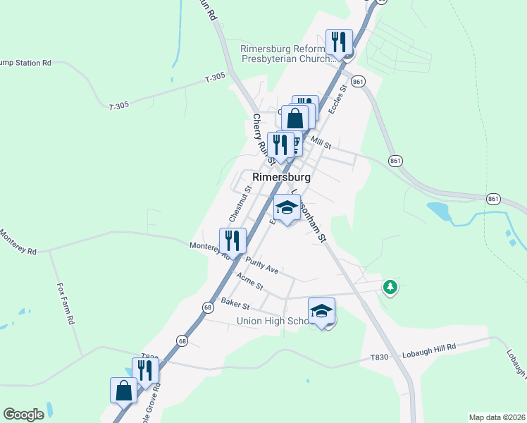 map of restaurants, bars, coffee shops, grocery stores, and more near 401 Main St in Rimersburg