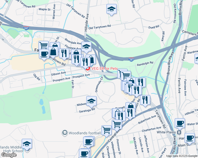 map of restaurants, bars, coffee shops, grocery stores, and more near 175 Tarrytown Road in White Plains
