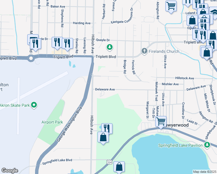 map of restaurants, bars, coffee shops, grocery stores, and more near 2087 Delaware Ave in Akron