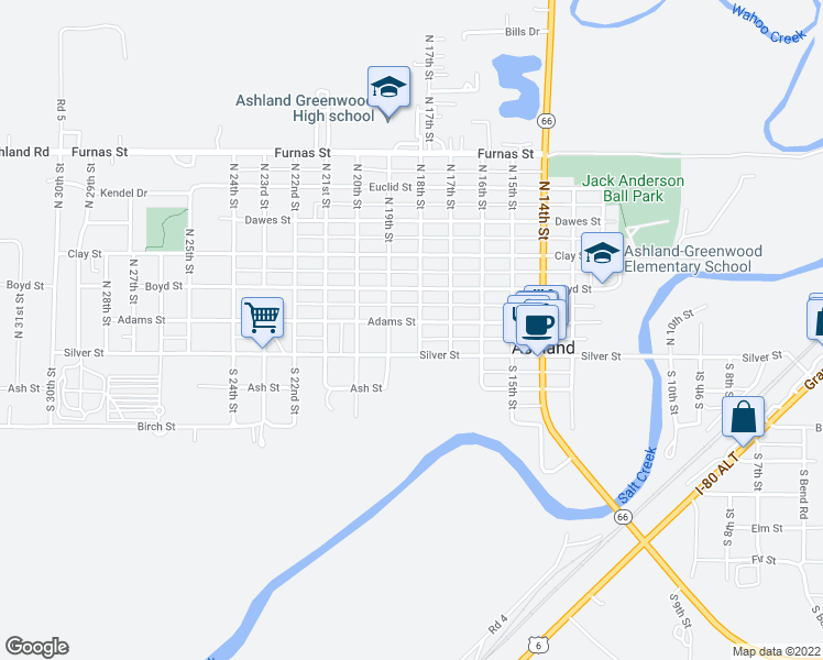 map of restaurants, bars, coffee shops, grocery stores, and more near 106 North 18th Street in Ashland