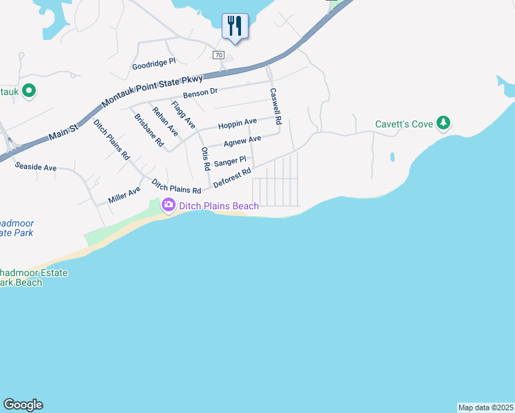 map of restaurants, bars, coffee shops, grocery stores, and more near 204 Edgewater Drive in Montauk
