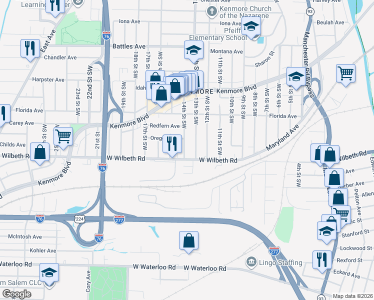 map of restaurants, bars, coffee shops, grocery stores, and more near 2339 14th Street Southwest in Akron