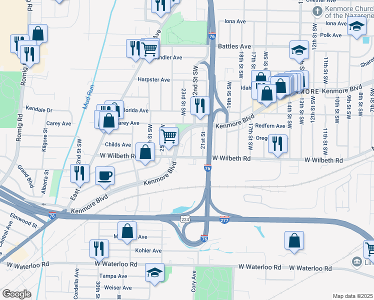 map of restaurants, bars, coffee shops, grocery stores, and more near 2342 22nd St SW in Akron