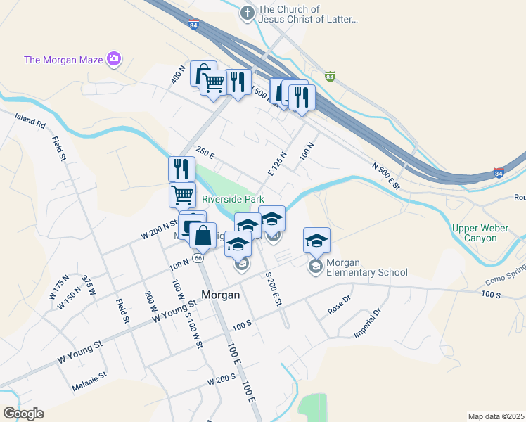 map of restaurants, bars, coffee shops, grocery stores, and more near 180 East 125 North in Morgan