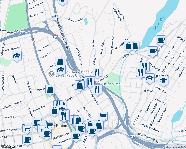 map of restaurants, bars, coffee shops, grocery stores, and more near 2 Valley Road in White Plains