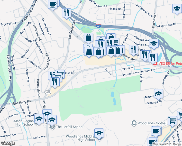 map of restaurants, bars, coffee shops, grocery stores, and more near 12 Hampton Terrace in White Plains