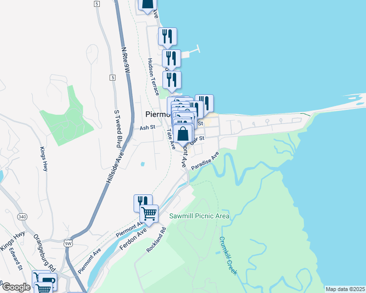 map of restaurants, bars, coffee shops, grocery stores, and more near 32 Tate Avenue in Piermont