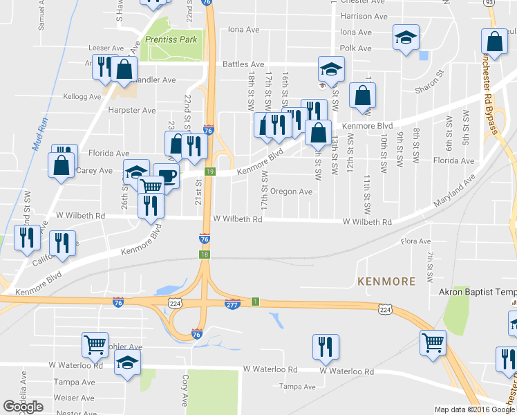 map of restaurants, bars, coffee shops, grocery stores, and more near 2343 18th Street Southwest in Akron