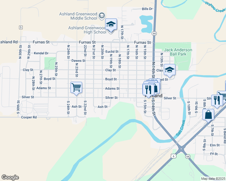 map of restaurants, bars, coffee shops, grocery stores, and more near 106 North 18th Street in Ashland
