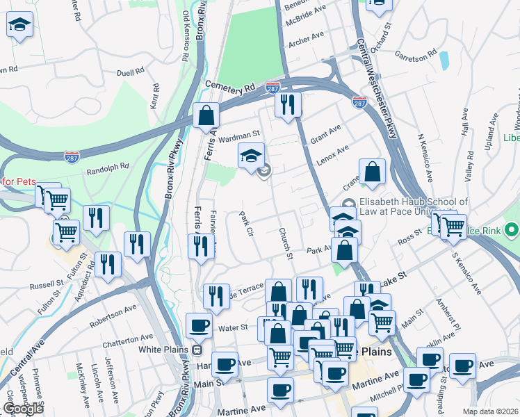 map of restaurants, bars, coffee shops, grocery stores, and more near 7 David Terrace in White Plains