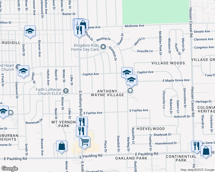 map of restaurants, bars, coffee shops, grocery stores, and more near 4613 Plaza Drive in Fort Wayne