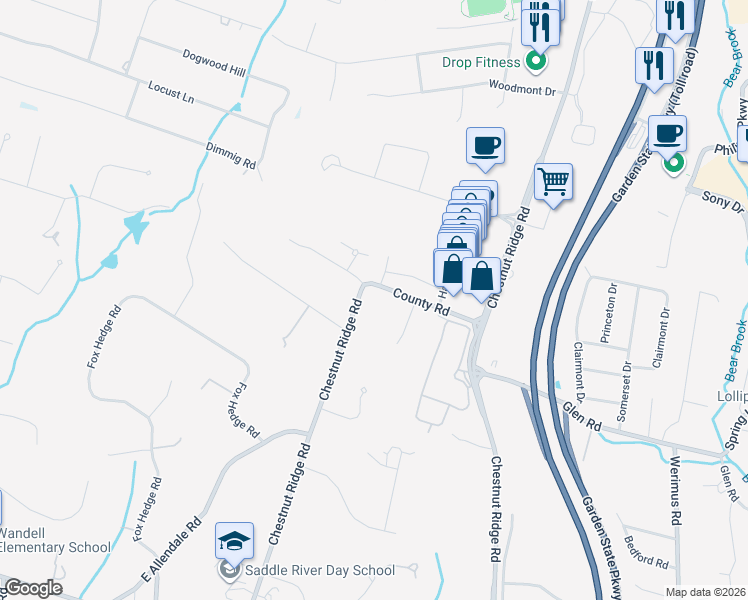 map of restaurants, bars, coffee shops, grocery stores, and more near 202 Chestnut Ridge Road in Saddle River