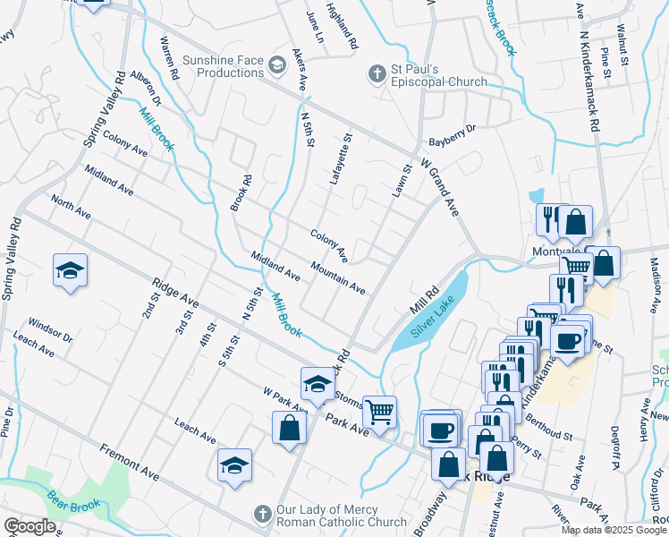 map of restaurants, bars, coffee shops, grocery stores, and more near 22 Mountain Ave in Park Ridge