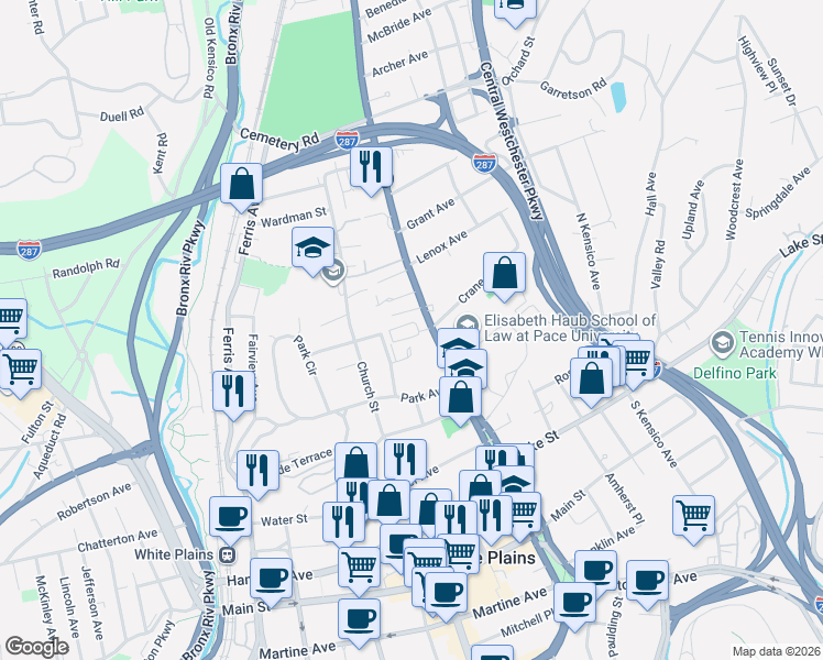 map of restaurants, bars, coffee shops, grocery stores, and more near 95 North Broadway in White Plains