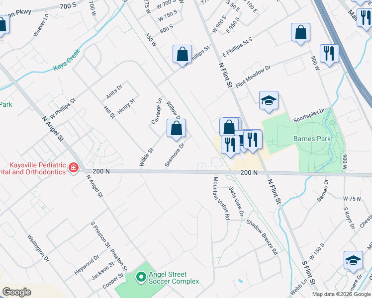 map of restaurants, bars, coffee shops, grocery stores, and more near 332 Seemore Dr in Kaysville