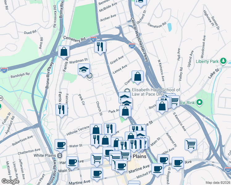 map of restaurants, bars, coffee shops, grocery stores, and more near 11 Crane Avenue in White Plains