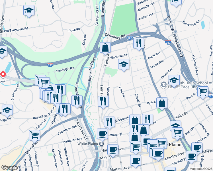 map of restaurants, bars, coffee shops, grocery stores, and more near 75 Fairview Avenue in White Plains