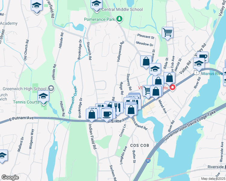 map of restaurants, bars, coffee shops, grocery stores, and more near 38 Valleywood Road in Greenwich
