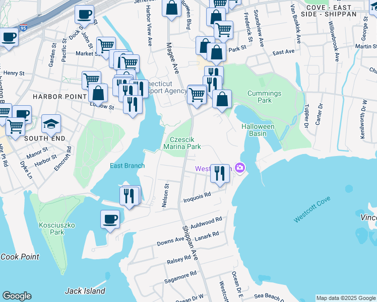 map of restaurants, bars, coffee shops, grocery stores, and more near 892 Shippan Avenue in Stamford