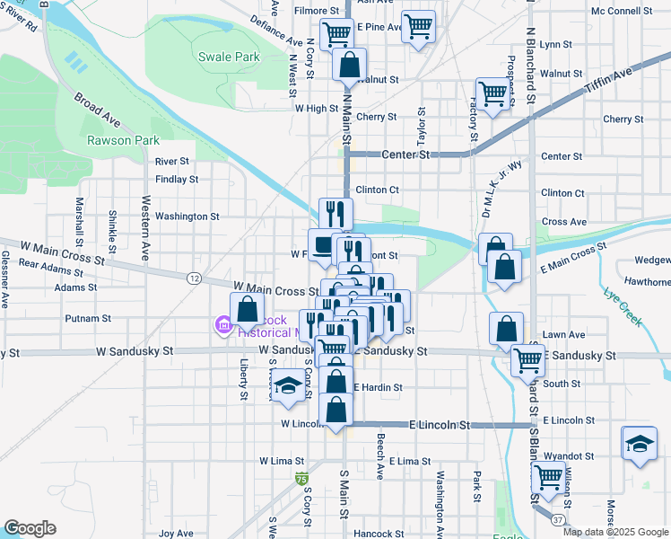 map of restaurants, bars, coffee shops, grocery stores, and more near 214 South Main Street in Findlay