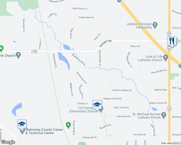 map of restaurants, bars, coffee shops, grocery stores, and more near 765 Blueberry Hill Drive in Canfield