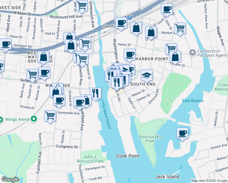 map of restaurants, bars, coffee shops, grocery stores, and more near 1 Harbor Point Road in Stamford