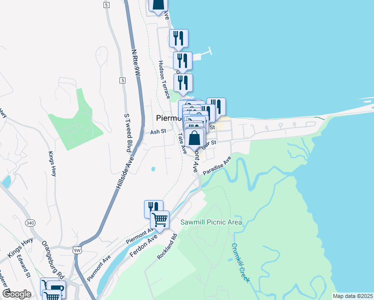 map of restaurants, bars, coffee shops, grocery stores, and more near 32 Tate Avenue in Piermont