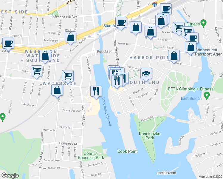 map of restaurants, bars, coffee shops, grocery stores, and more near 1 Harbor Point Road in Stamford