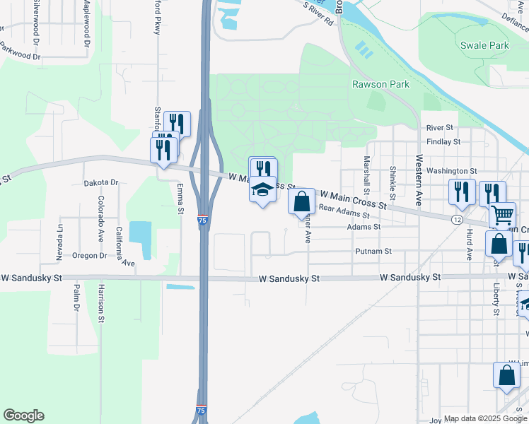 map of restaurants, bars, coffee shops, grocery stores, and more near 1219 West Main Cross Street in Findlay