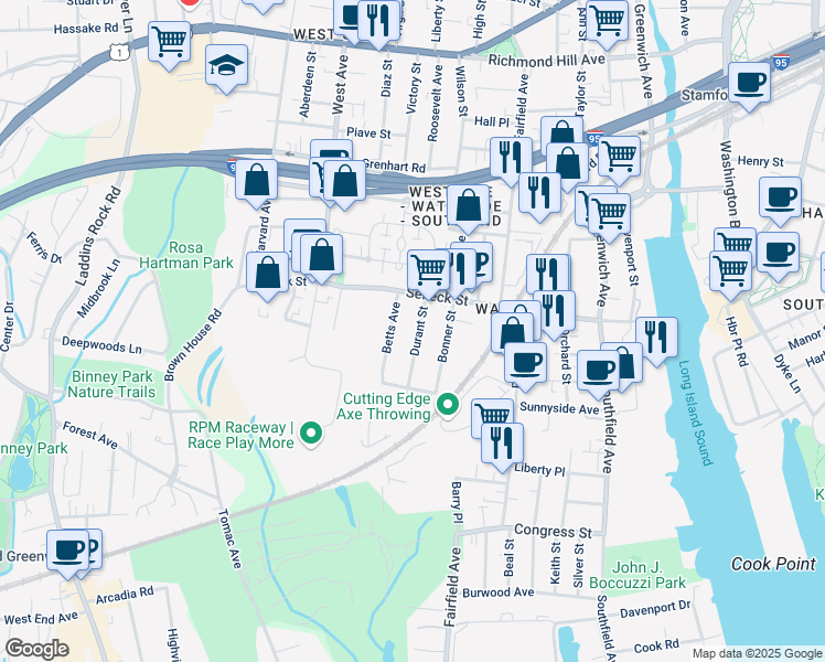 map of restaurants, bars, coffee shops, grocery stores, and more near 31 Durant Street in Stamford