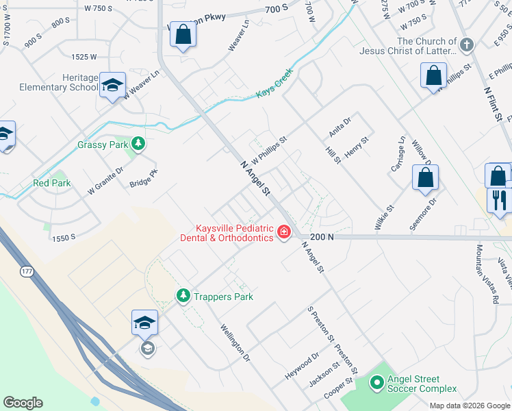 map of restaurants, bars, coffee shops, grocery stores, and more near 326 Apricot Grove in Kaysville