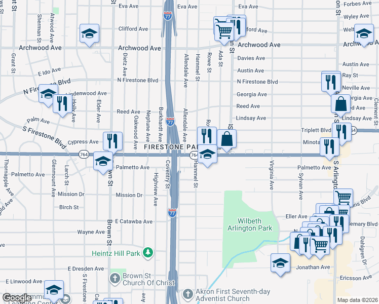 map of restaurants, bars, coffee shops, grocery stores, and more near 631 East Wilbeth Road in Akron