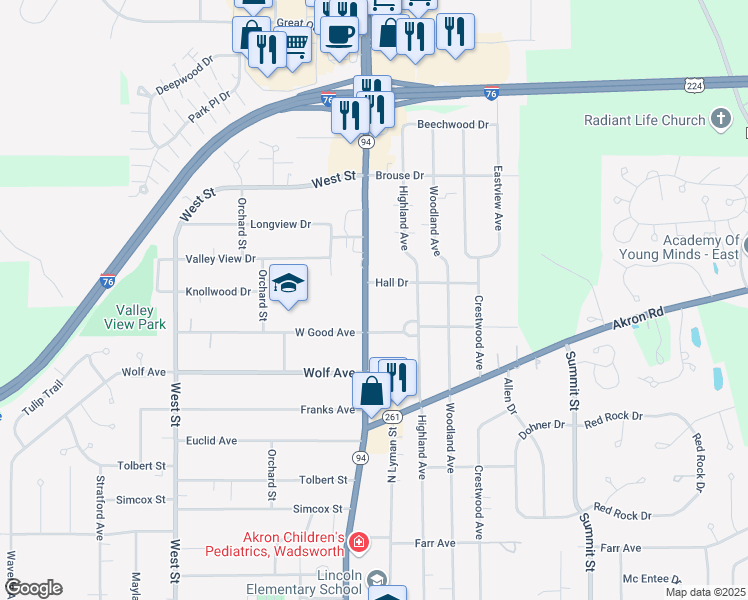 map of restaurants, bars, coffee shops, grocery stores, and more near 619 High Street in Wadsworth
