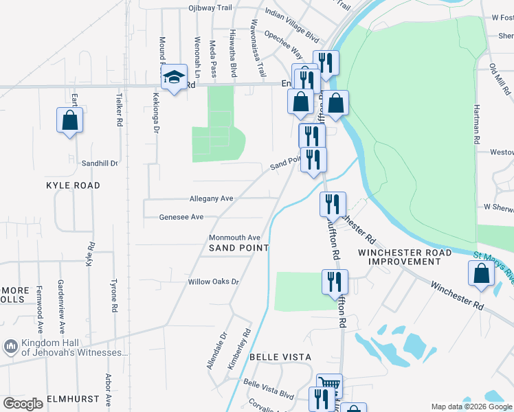 map of restaurants, bars, coffee shops, grocery stores, and more near 2413 Allegany Avenue in Fort Wayne