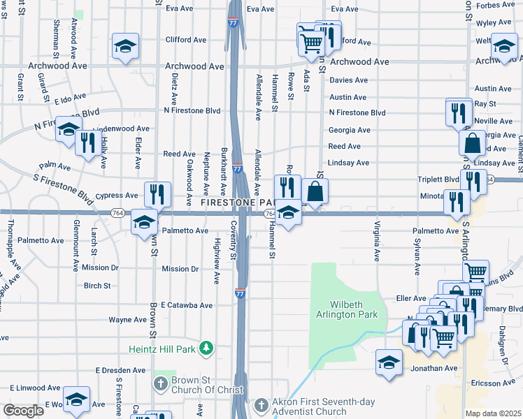map of restaurants, bars, coffee shops, grocery stores, and more near 631 East Wilbeth Road in Akron