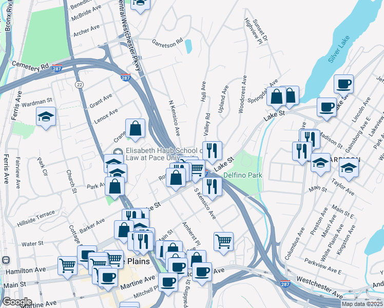 map of restaurants, bars, coffee shops, grocery stores, and more near 19 Hall Avenue in White Plains
