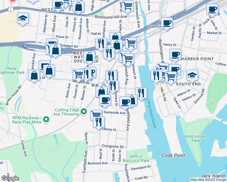 map of restaurants, bars, coffee shops, grocery stores, and more near 79 Orchard Street in Stamford