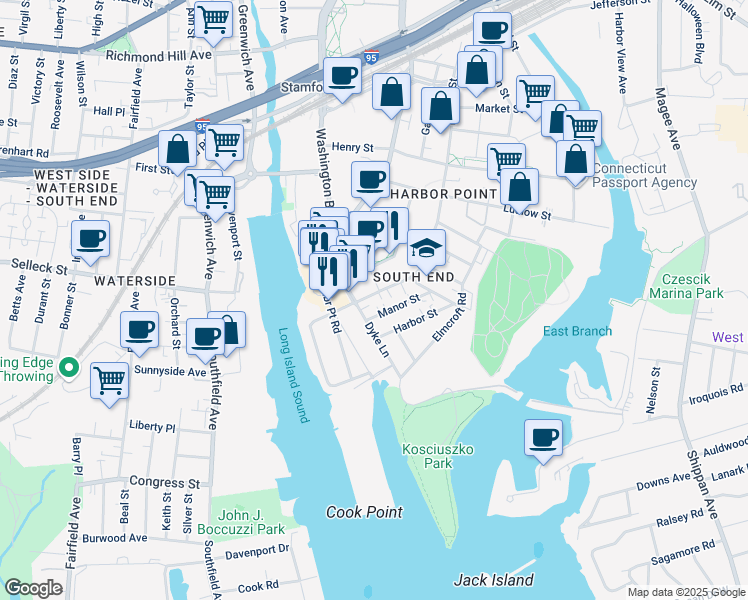 map of restaurants, bars, coffee shops, grocery stores, and more near 808 Pacific Street in Stamford