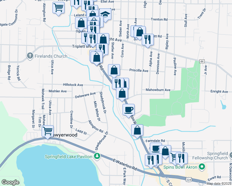 map of restaurants, bars, coffee shops, grocery stores, and more near 873 Shadybrook Dr in Akron