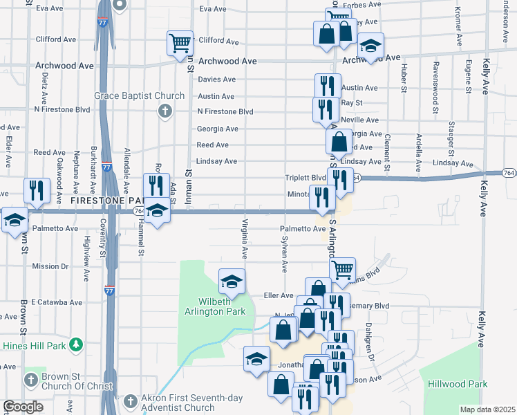 map of restaurants, bars, coffee shops, grocery stores, and more near 1185 Virginia Avenue in Akron