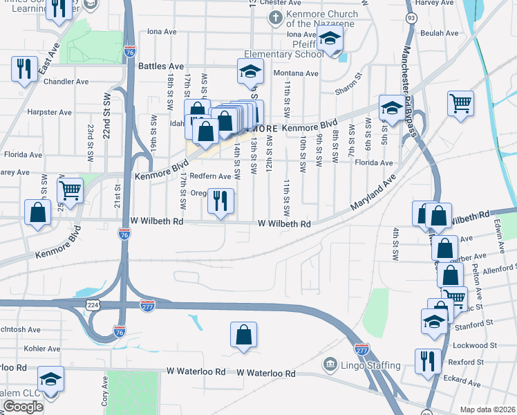 map of restaurants, bars, coffee shops, grocery stores, and more near 2334 12th Street Southwest in Akron