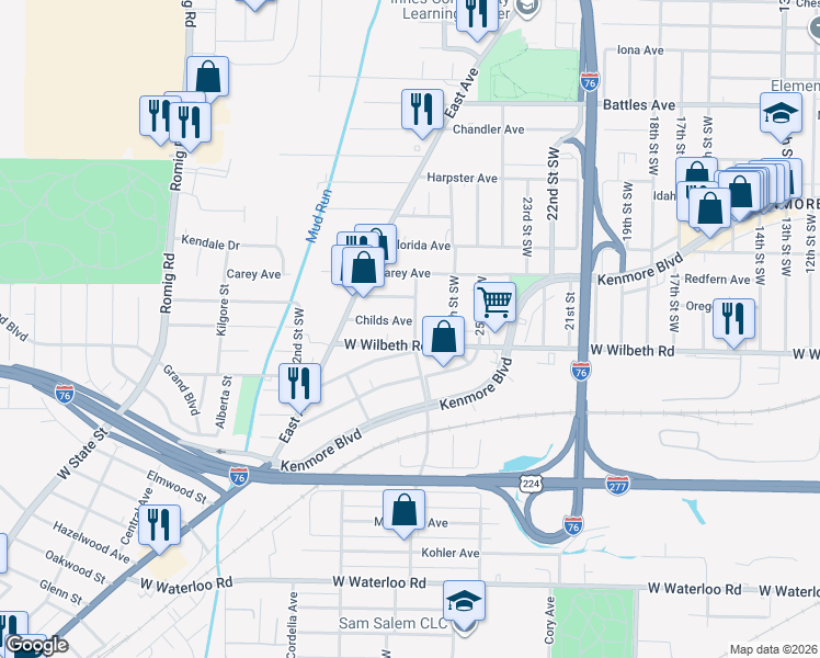 map of restaurants, bars, coffee shops, grocery stores, and more near 1231 West Wilbeth Road in Akron