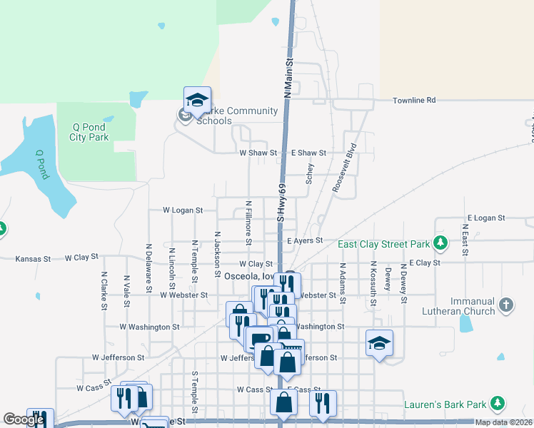 map of restaurants, bars, coffee shops, grocery stores, and more near 115 West Logan Street in Osceola