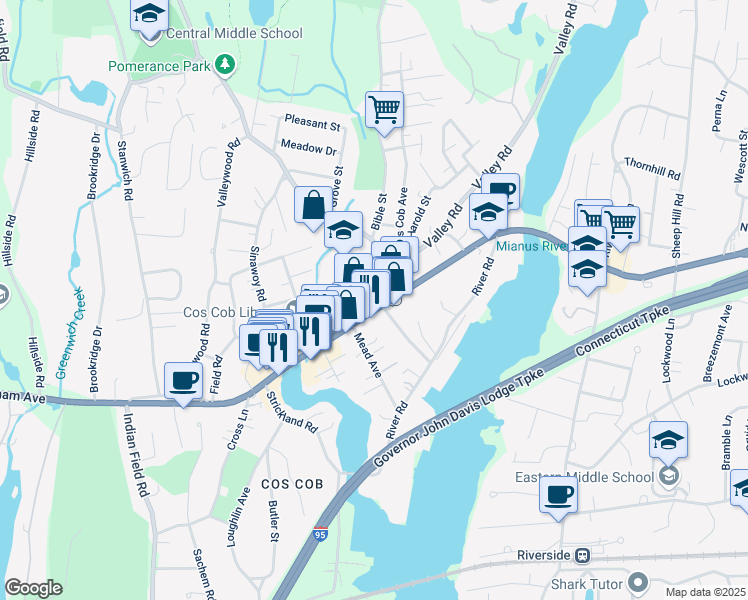 map of restaurants, bars, coffee shops, grocery stores, and more near 392 East Putnam Avenue in Greenwich