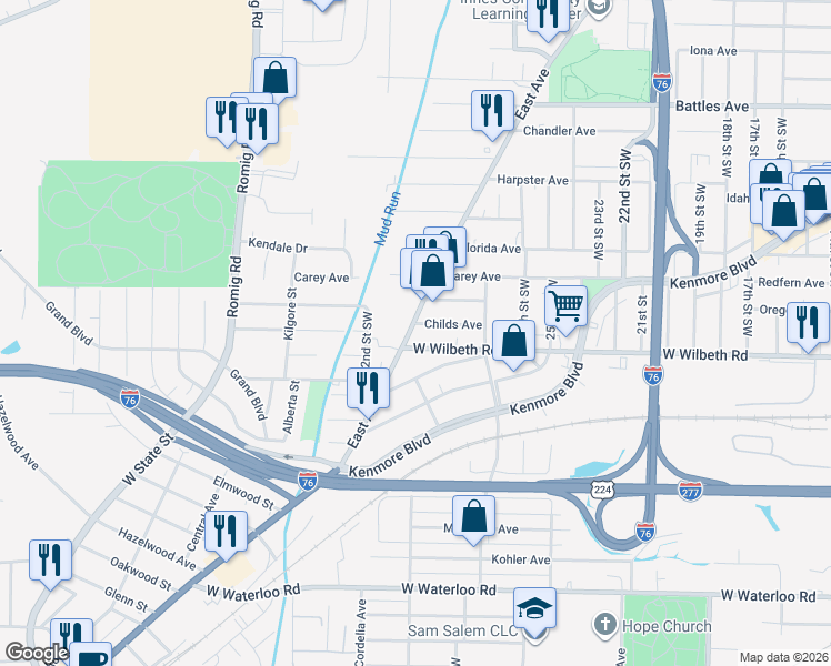 map of restaurants, bars, coffee shops, grocery stores, and more near 2365 East Avenue in Akron