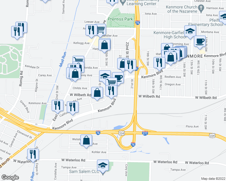 map of restaurants, bars, coffee shops, grocery stores, and more near 1283 Kenmore Blvd in Akron