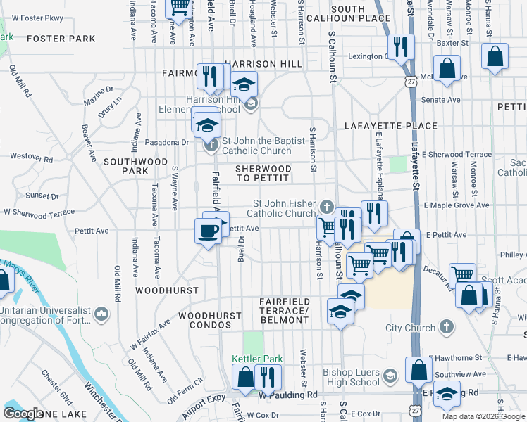 map of restaurants, bars, coffee shops, grocery stores, and more near 345 West Maple Grove Avenue in Fort Wayne